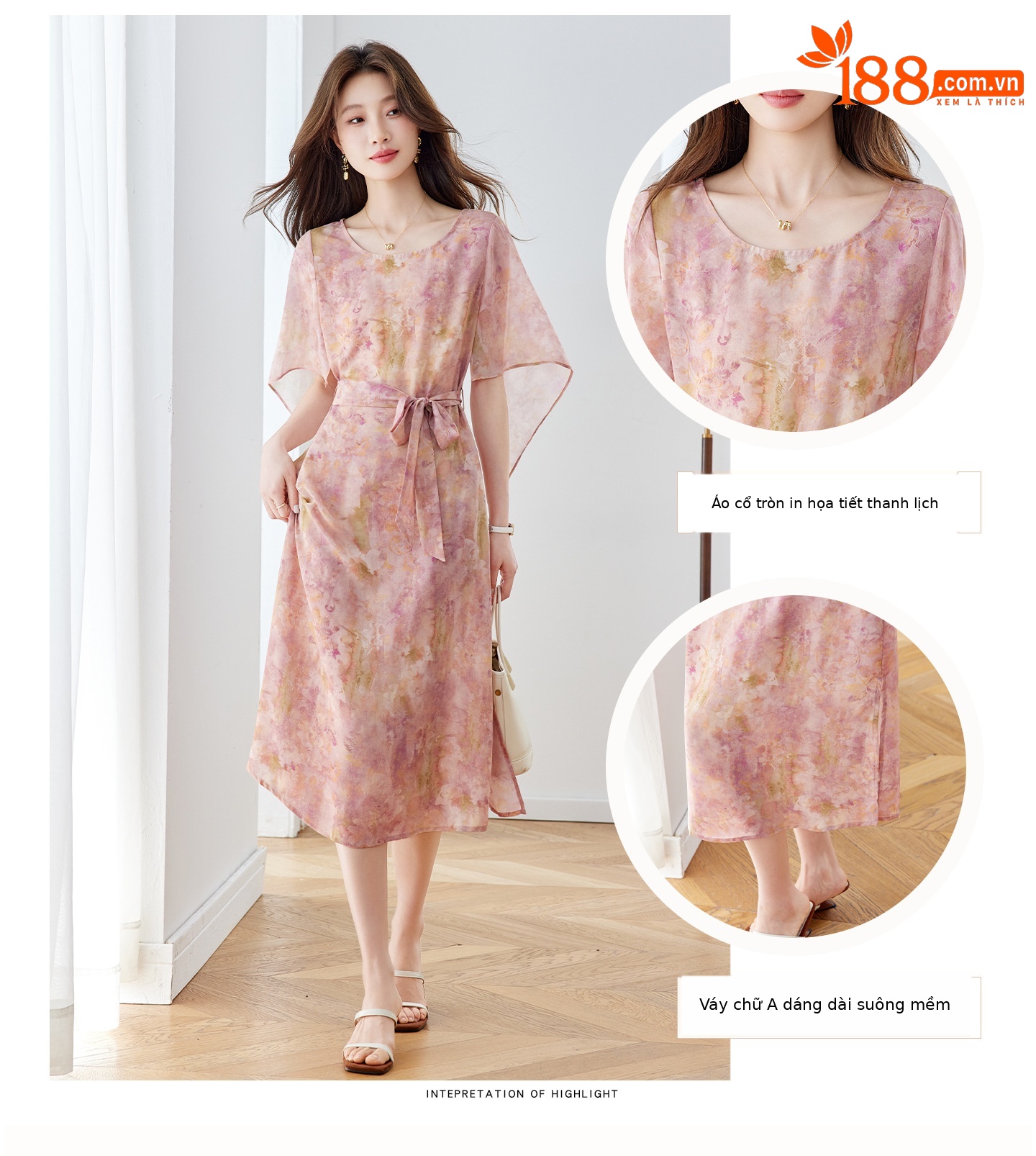 Đầm maxi nữ thắt eo in họa tiết hoa tay ngắn dáng suông che khuyết điểm — xanh lam, Màu hồng chi tiết 5