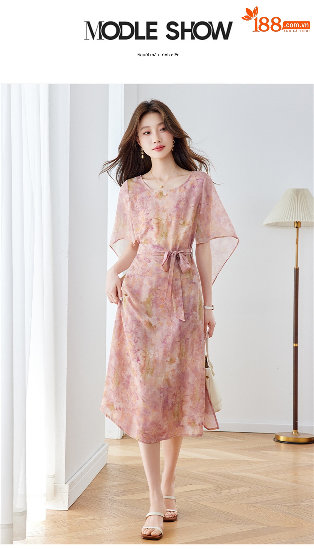 Đầm maxi nữ thắt eo in họa tiết hoa tay ngắn dáng suông che khuyết điểm — xanh lam, Màu hồng chi tiết 8