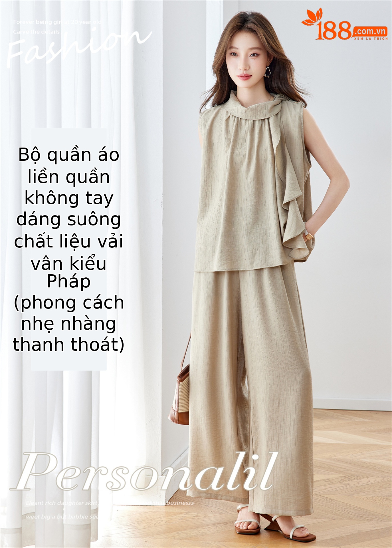 Bộ quần áo nữ hai mảnh áo sơ mi không tay phối quần ống rộng có thắt lưng — Xanh lông mòng đen, màu kaki chi tiết 1