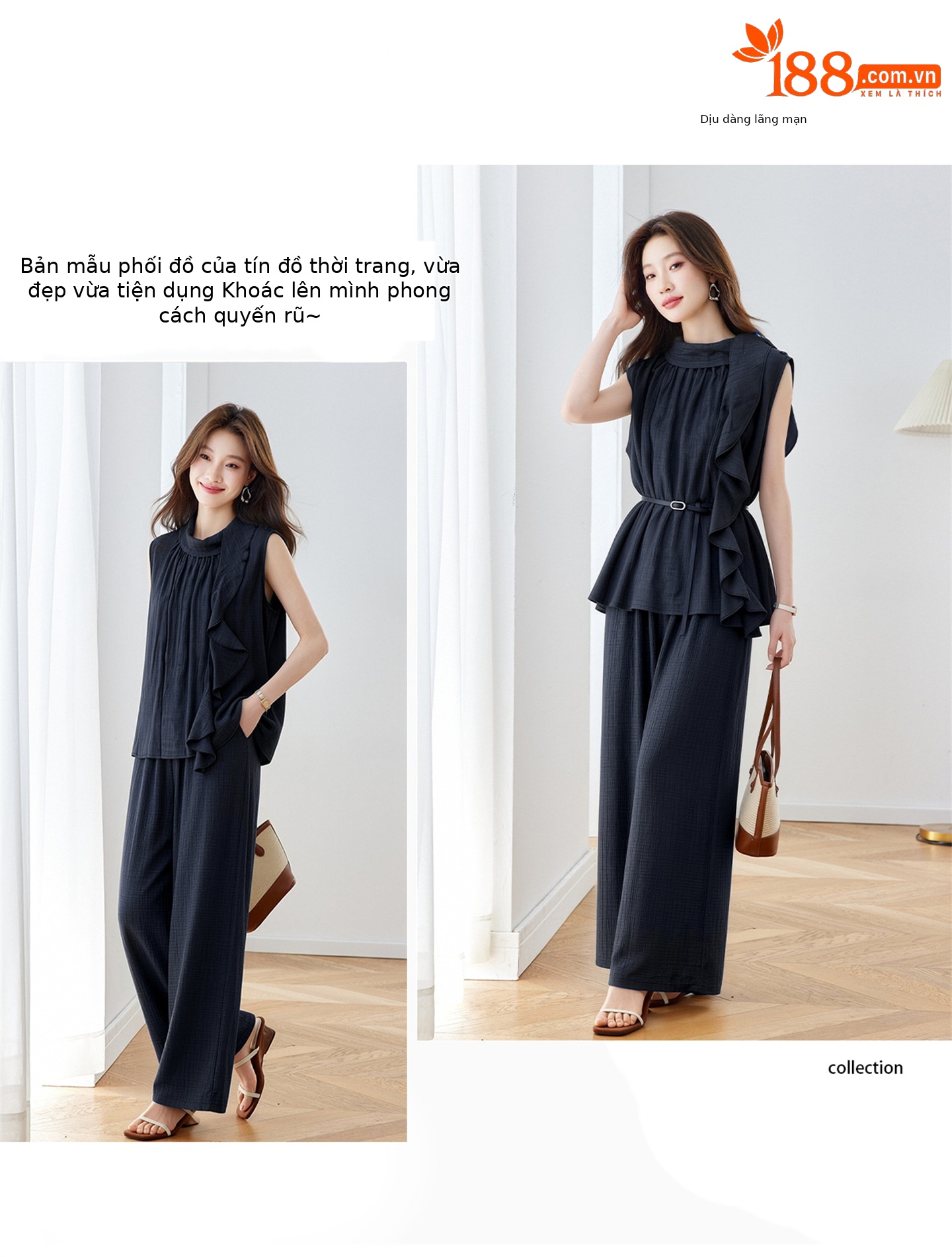 Bộ quần áo nữ hai mảnh áo sơ mi không tay phối quần ống rộng có thắt lưng — Xanh lông mòng đen, màu kaki chi tiết 2