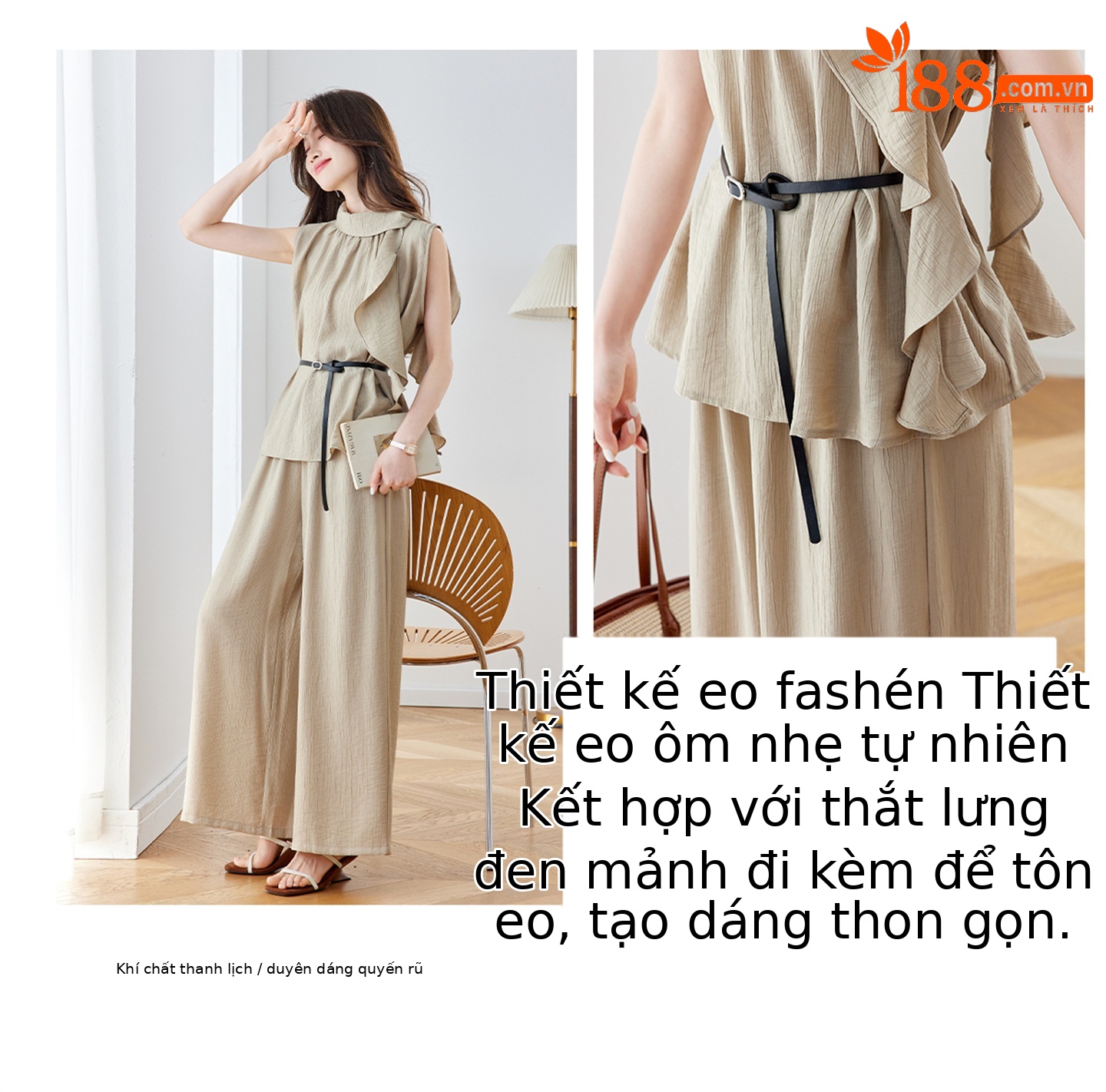 Bộ quần áo nữ hai mảnh áo sơ mi không tay phối quần ống rộng có thắt lưng — Xanh lông mòng đen, màu kaki chi tiết 4