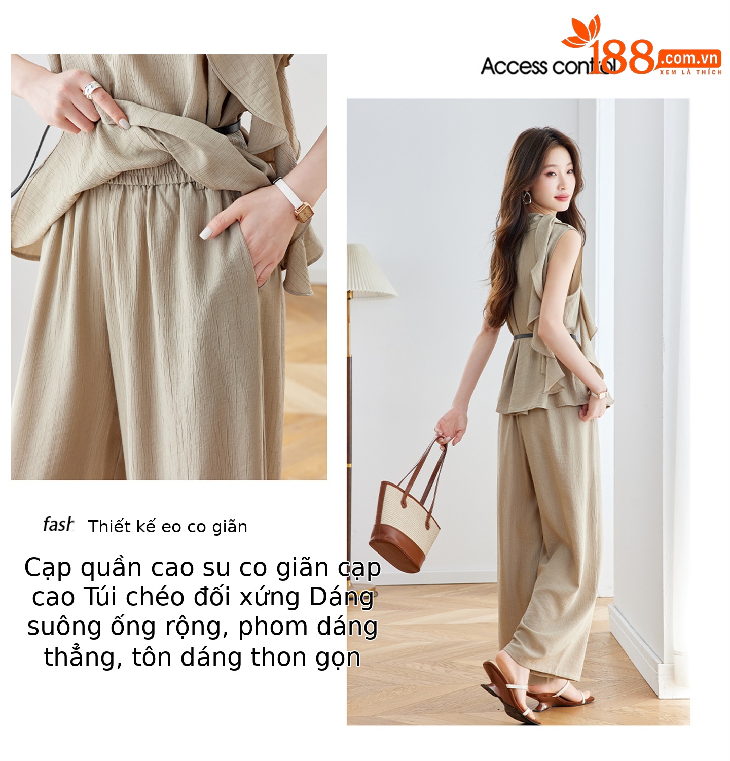 Bộ quần áo nữ hai mảnh áo sơ mi không tay phối quần ống rộng có thắt lưng — Xanh lông mòng đen, màu kaki chi tiết 5