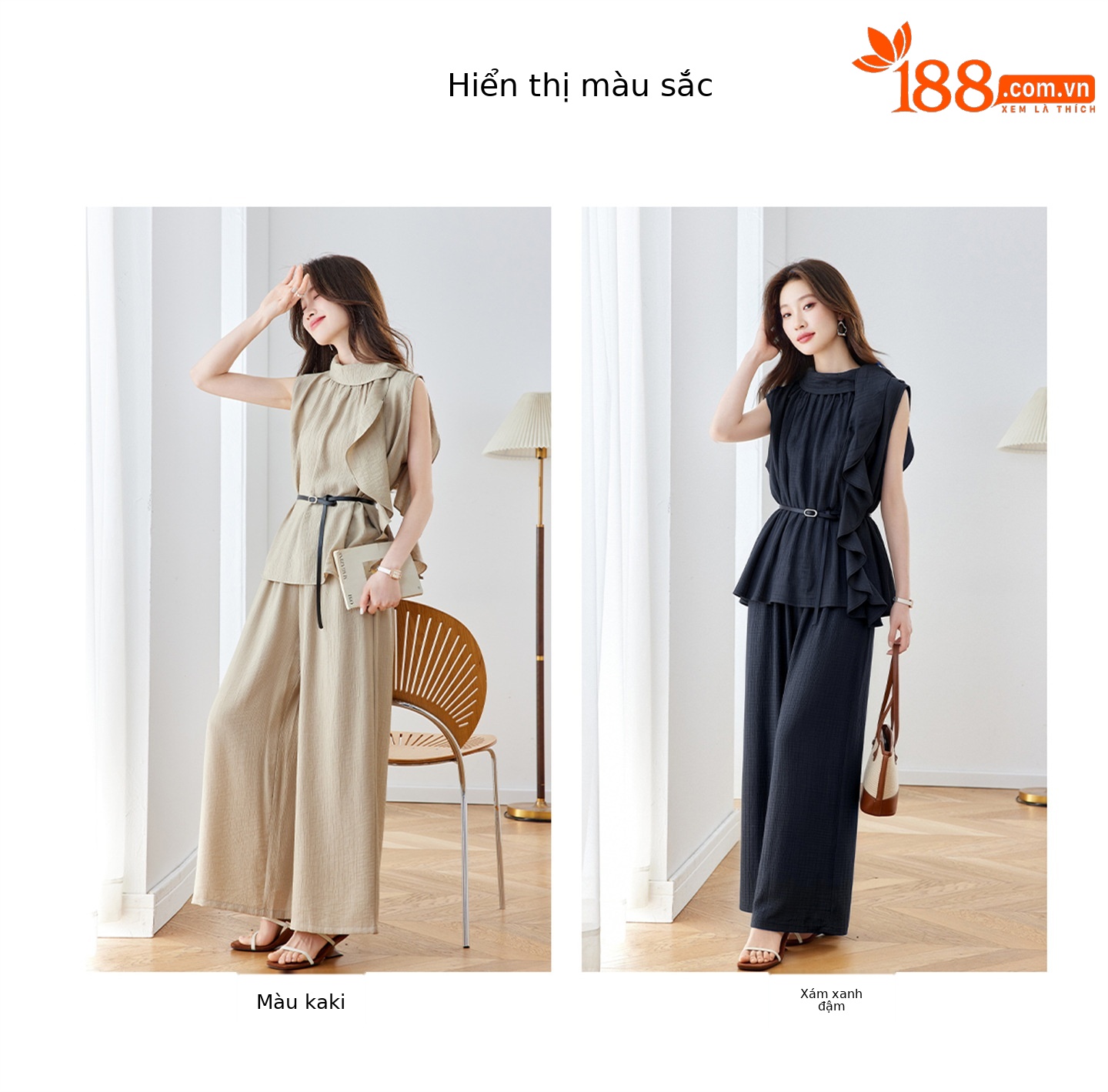 Bộ quần áo nữ hai mảnh áo sơ mi không tay phối quần ống rộng có thắt lưng — Xanh lông mòng đen, màu kaki chi tiết 6