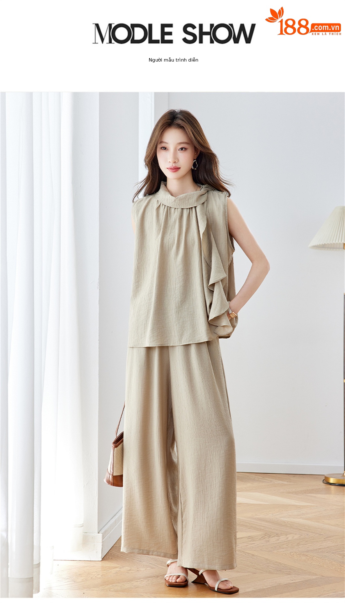 Bộ quần áo nữ hai mảnh áo sơ mi không tay phối quần ống rộng có thắt lưng — Xanh lông mòng đen, màu kaki chi tiết 7