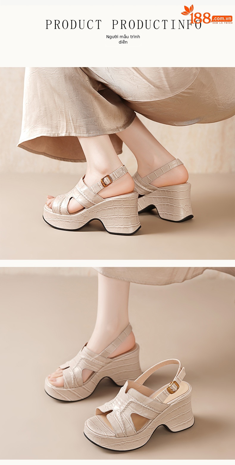 Sandal cao gót nữ đế xuồng platform gót 9 cm, mũi hở phong cách La Mã — màu đen, màu mơ chi tiết 2