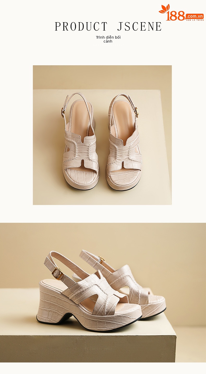 Sandal cao gót nữ đế xuồng platform gót 9 cm, mũi hở phong cách La Mã — màu đen, màu mơ chi tiết 5