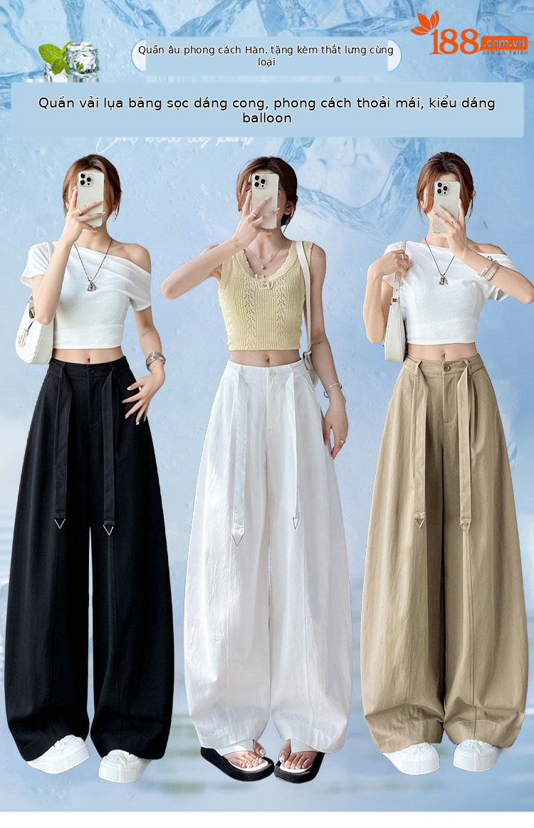 Quần culottes nữ ống rộng cạp cao chất liệu lụa mỏng mùa hè — Trắng thường xuyên chi tiết 1