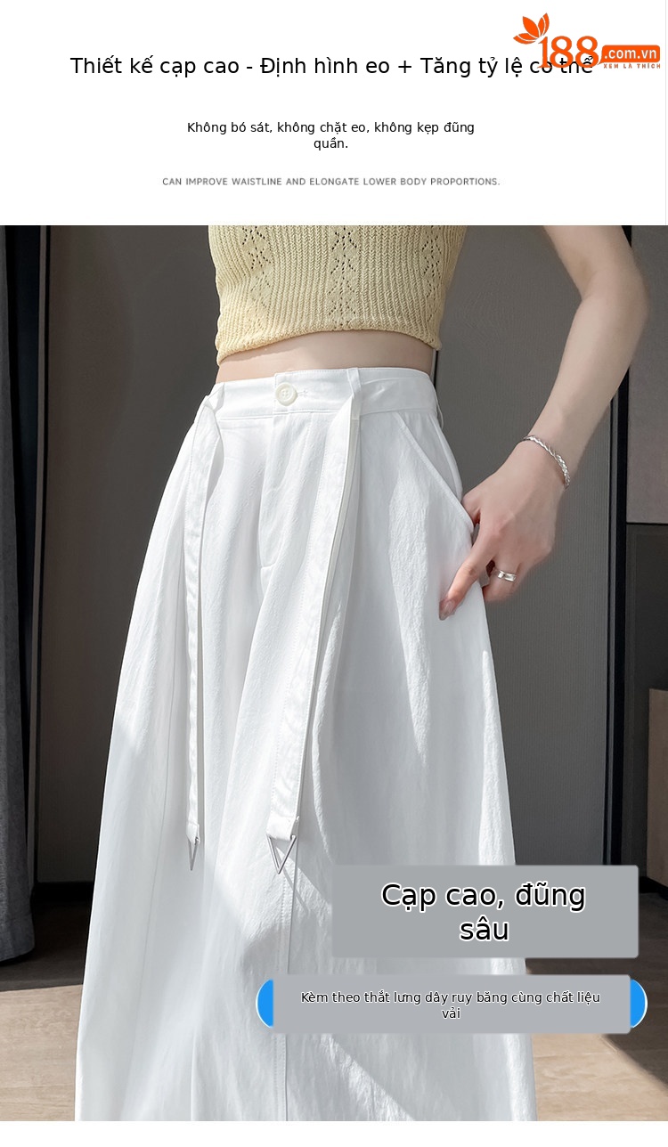 Quần culottes nữ ống rộng cạp cao chất liệu lụa mỏng mùa hè — Trắng thường xuyên chi tiết 12