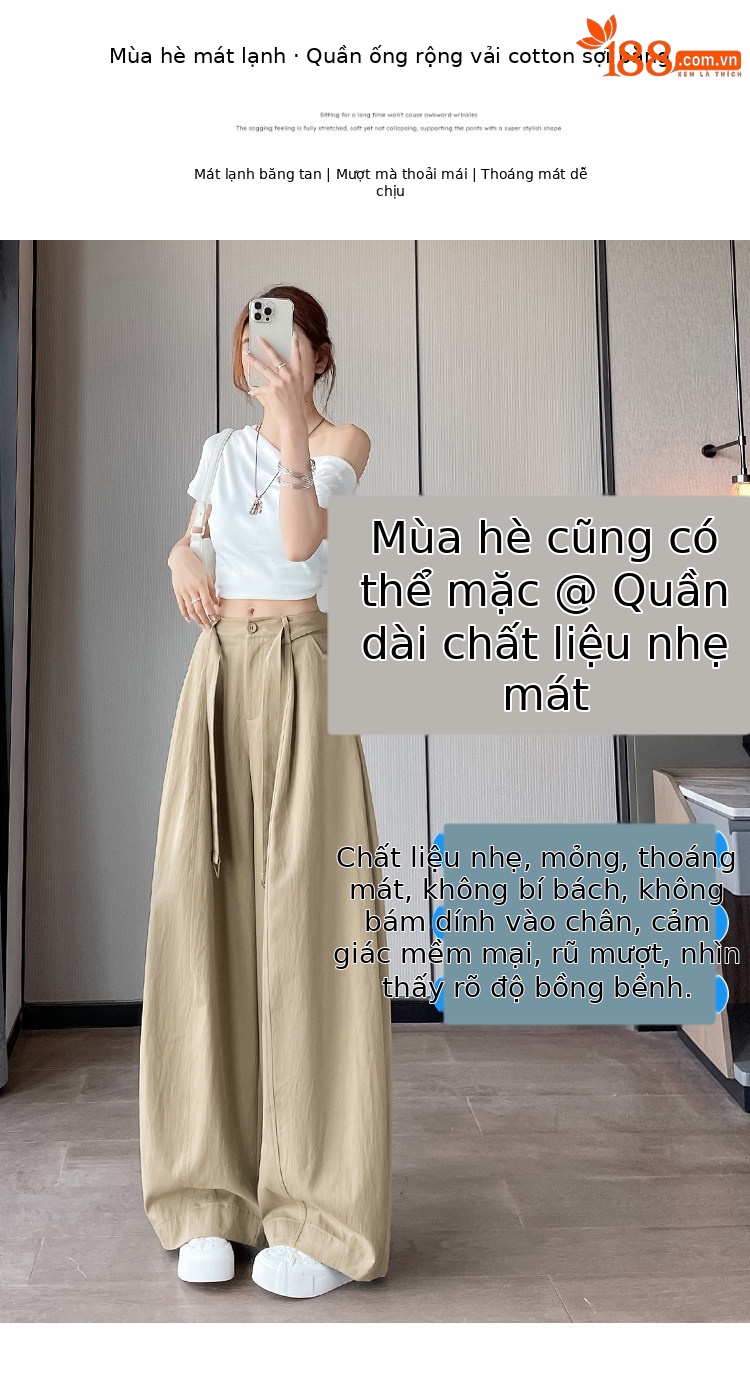 Quần culottes nữ ống rộng cạp cao chất liệu lụa mỏng mùa hè — Trắng thường xuyên chi tiết 4