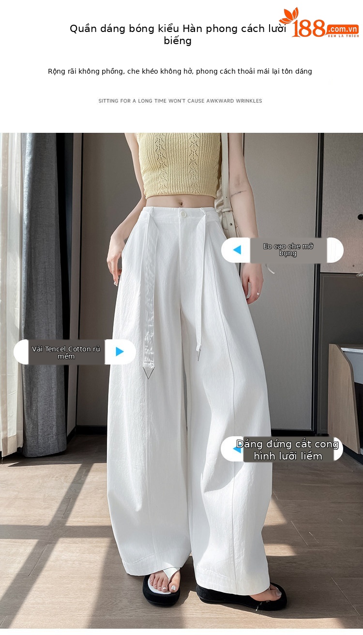 Quần culottes nữ ống rộng cạp cao chất liệu lụa mỏng mùa hè — Trắng thường xuyên chi tiết 6