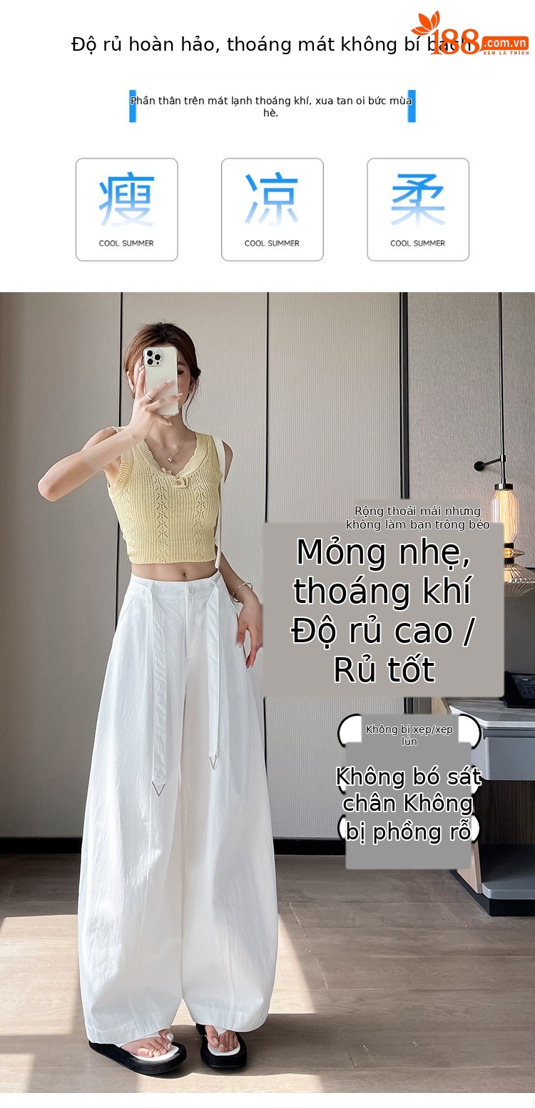 Quần culottes nữ ống rộng cạp cao chất liệu lụa mỏng mùa hè — Trắng thường xuyên chi tiết 11
