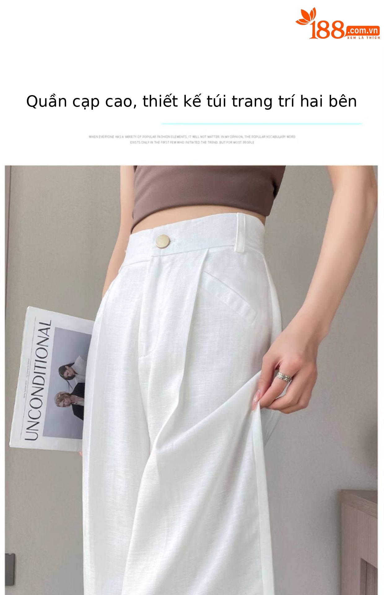 Quần culottes nữ ống rộng cạp cao vải linen cotton mỏng mùa hè — Màu đen thông thường chi tiết 8