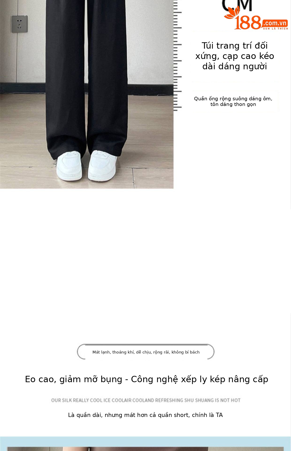 Quần culottes nữ ống rộng cạp cao vải linen cotton mỏng mùa hè — Màu đen thông thường chi tiết 15