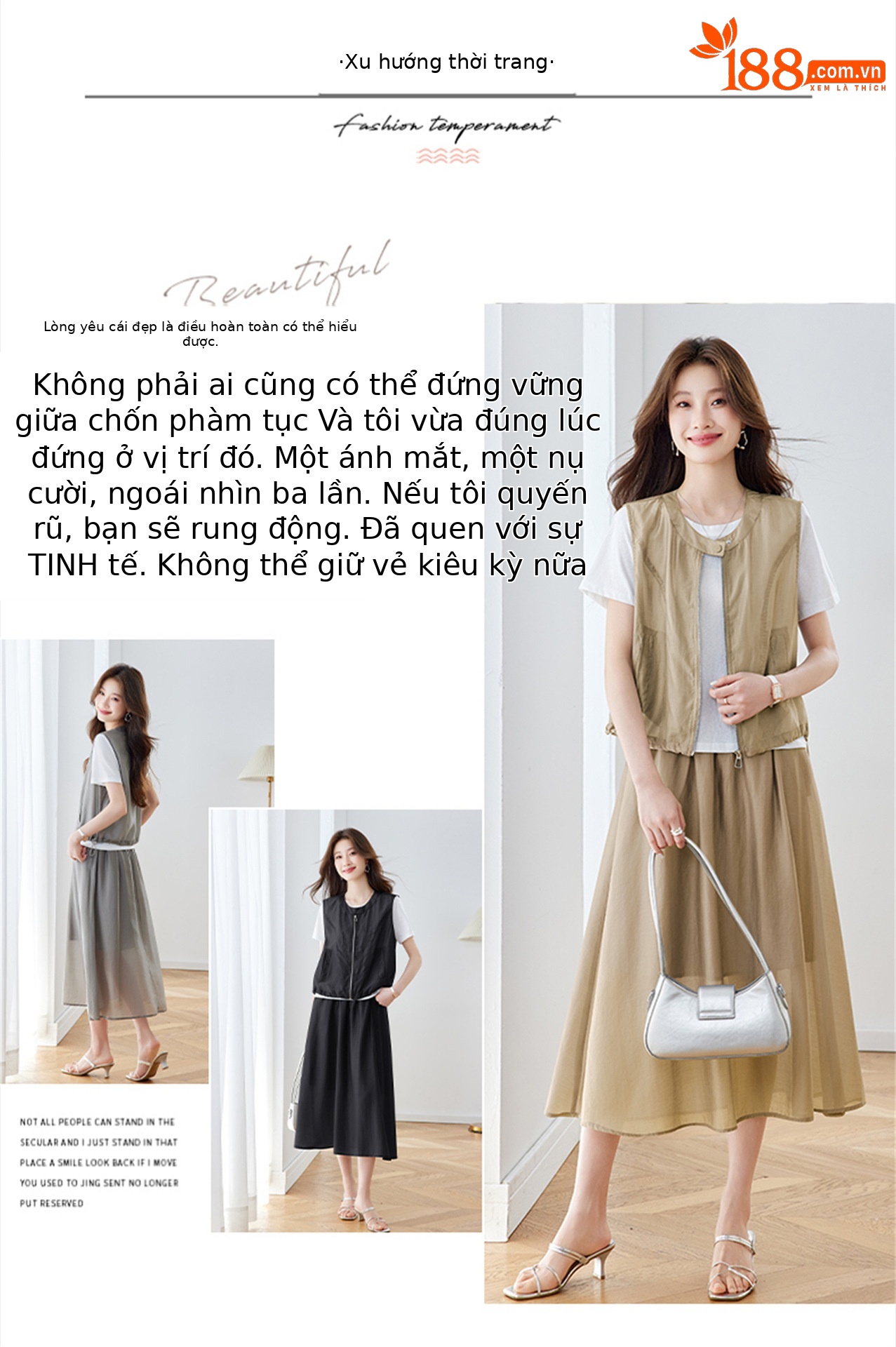 Bộ ba món thời trang nữ hè 2026 gồm áo len vest không tay và chân váy midi — màu đen, màu xám, màu kaki chi tiết 3