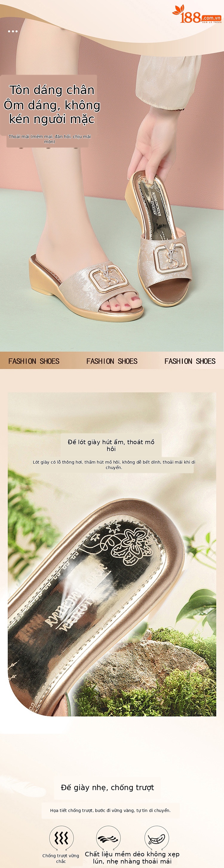 Dép sandal nữ quai chữ V đế xuồng chống trượt, gót thấp thoải mái — màu vàng chi tiết 1