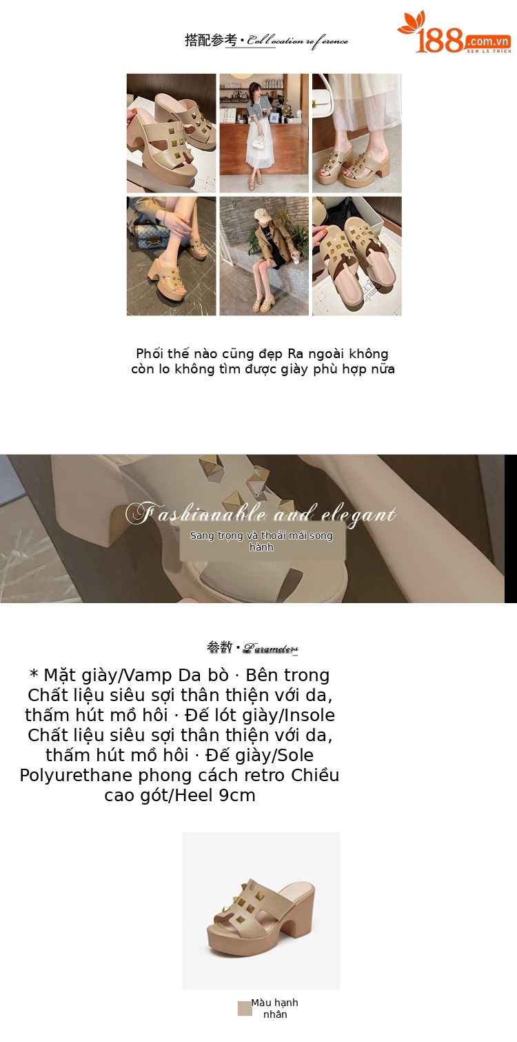 Sandal cao gót nữ hở mũi đinh tán phong cách châu Âu, gót thô đế xuồng, dáng lười tiện lợi — màu mơ chi tiết 2