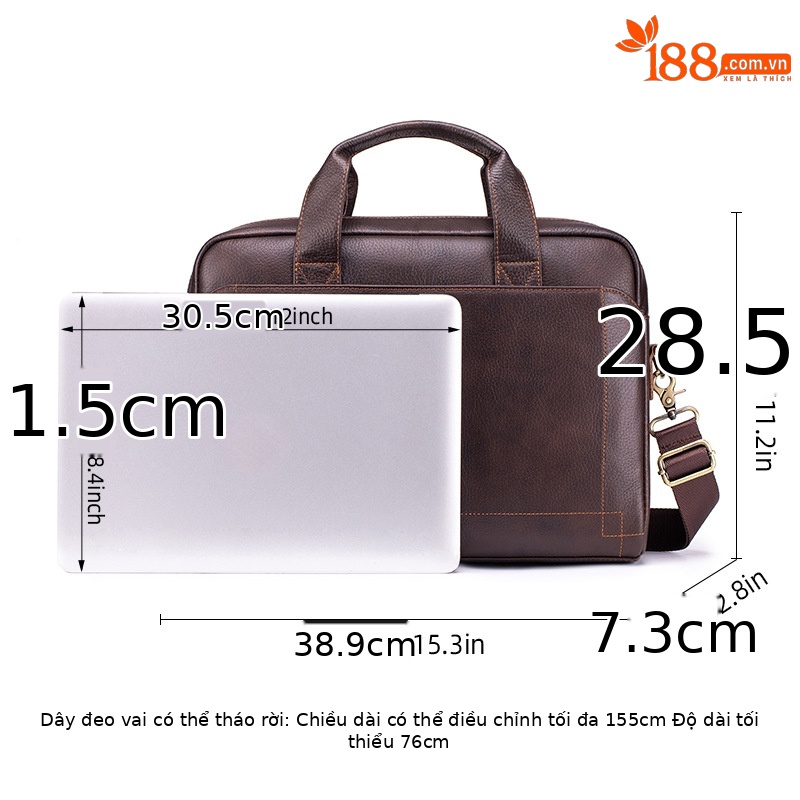 Cặp công sở nam da bò lớp đầu tiên Lion Leiden, túi xách tay đeo vai đựng laptop 15.6 inch — Màu cà phê, Màu đen