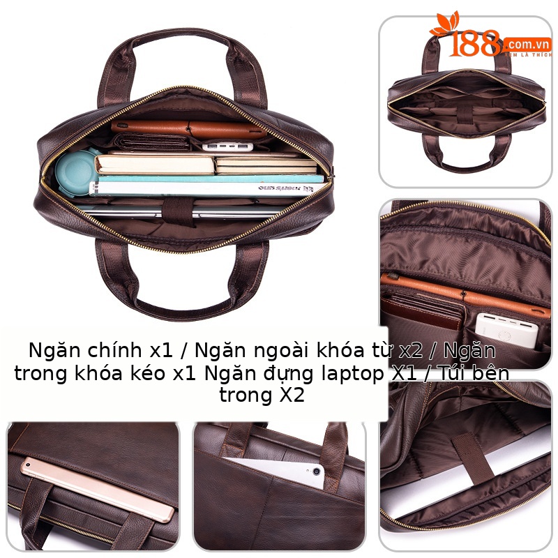 Cặp công sở nam da bò lớp đầu tiên Lion Leiden, túi xách tay đeo vai đựng laptop 15.6 inch — Màu cà phê, Màu đen