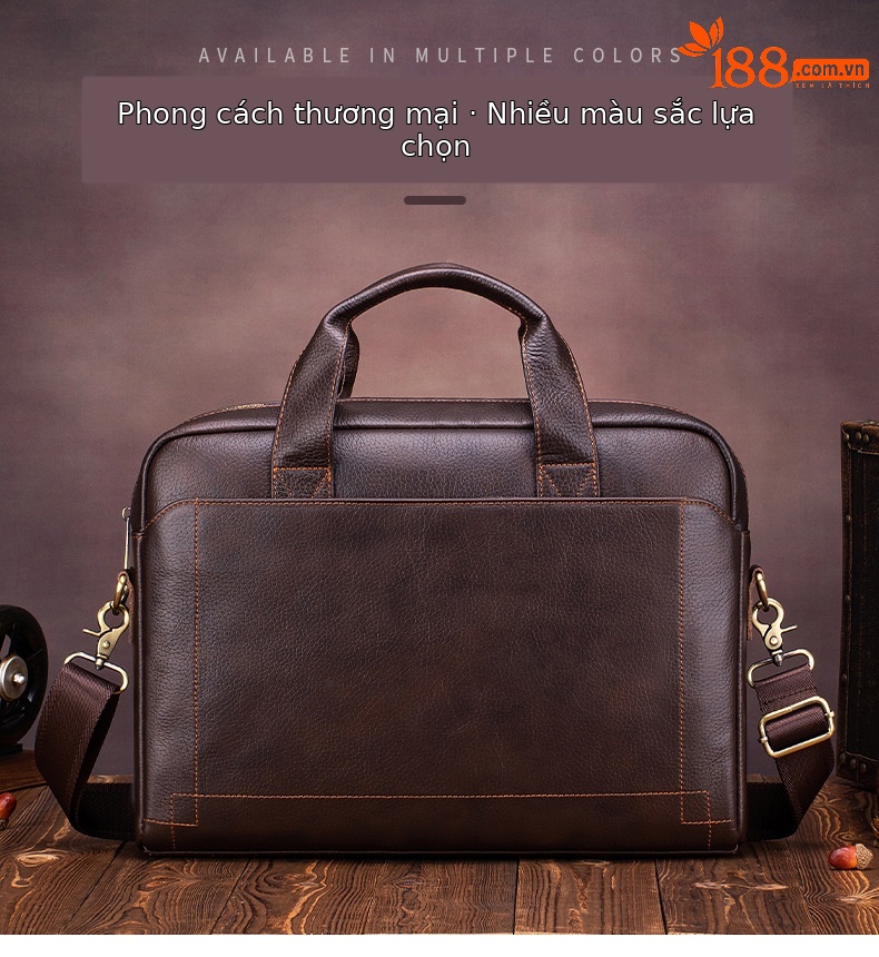 Cặp công sở nam da bò lớp đầu tiên Lion Leiden, túi xách tay đeo vai đựng laptop 15.6 inch — Màu cà phê, Màu đen chi tiết 4