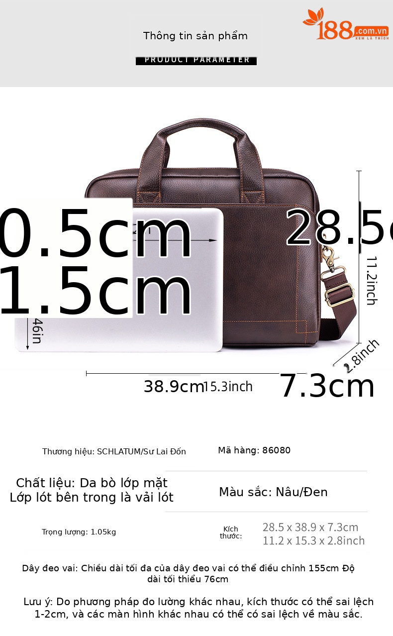 Cặp công sở nam da bò lớp đầu tiên Lion Leiden, túi xách tay đeo vai đựng laptop 15.6 inch — Màu cà phê, Màu đen chi tiết 6