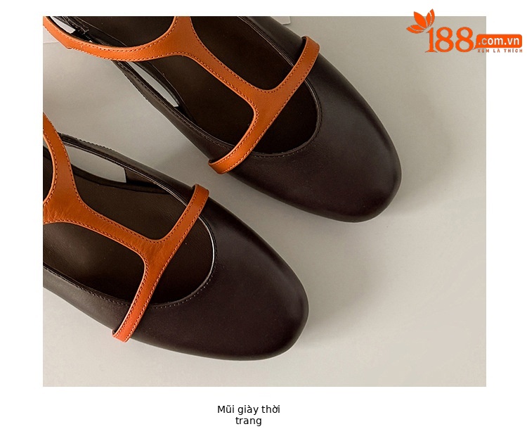 Sandal nữ quai chữ T bít mũi đế bệt da bò phối màu phong cách Hàn — màu nâu chi tiết 6