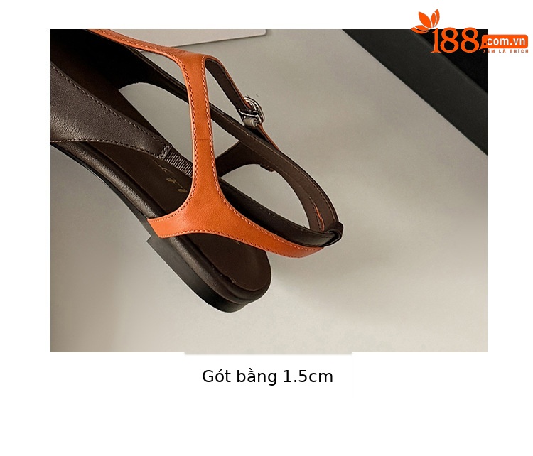 Sandal nữ quai chữ T bít mũi đế bệt da bò phối màu phong cách Hàn — màu nâu chi tiết 8