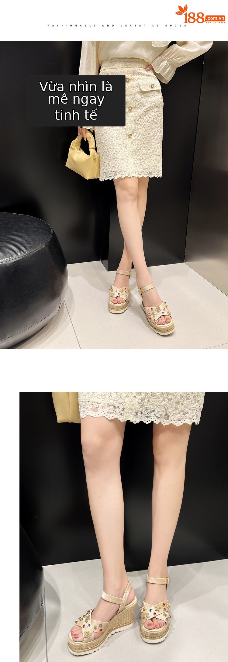 Sandal cao gót nữ đế xuồng đan rơm, mũi hở quai chéo đính hoa — Champagne màu, màu trắng ngà chi tiết 6