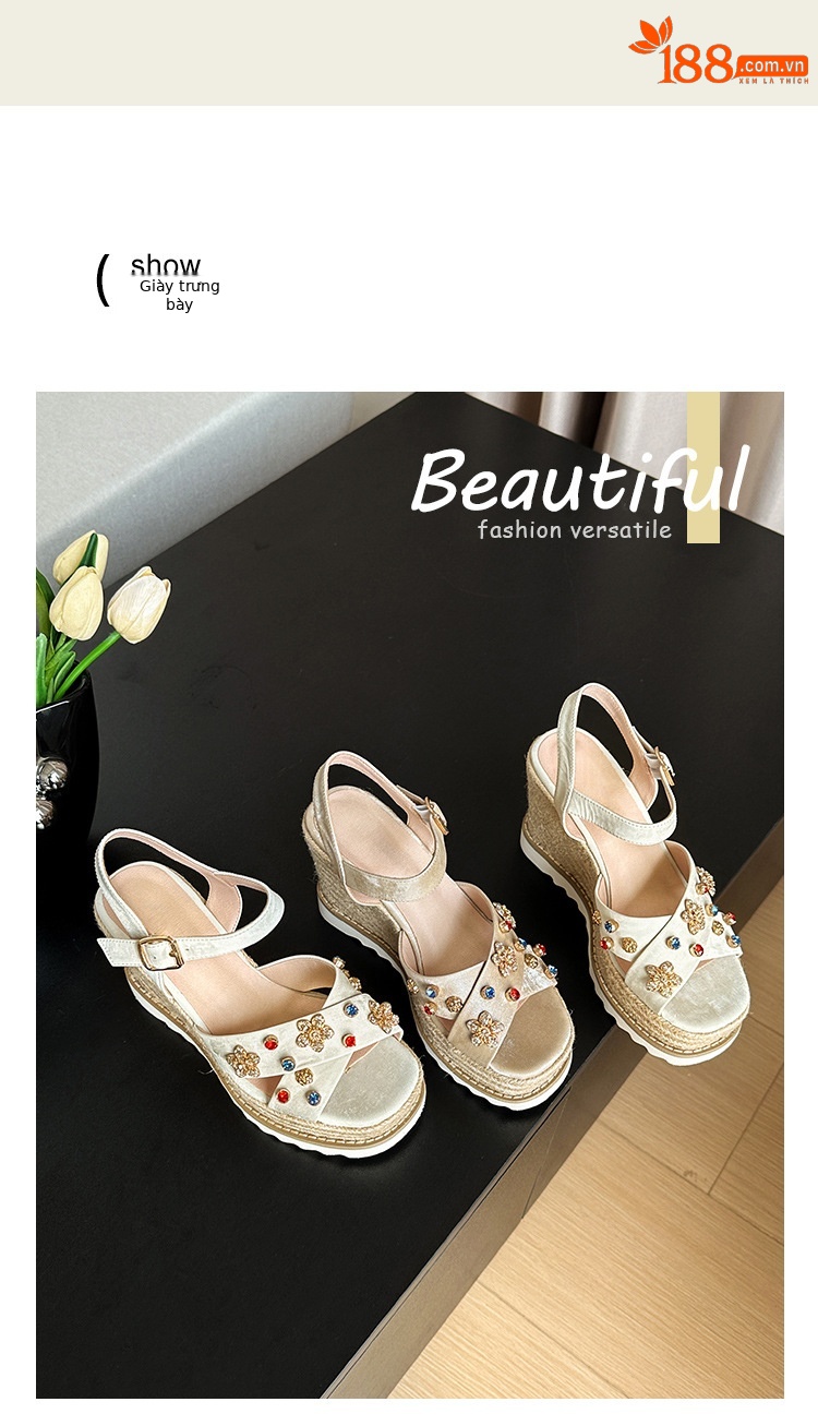 Sandal cao gót nữ đế xuồng đan rơm, mũi hở quai chéo đính hoa — Champagne màu, màu trắng ngà chi tiết 9