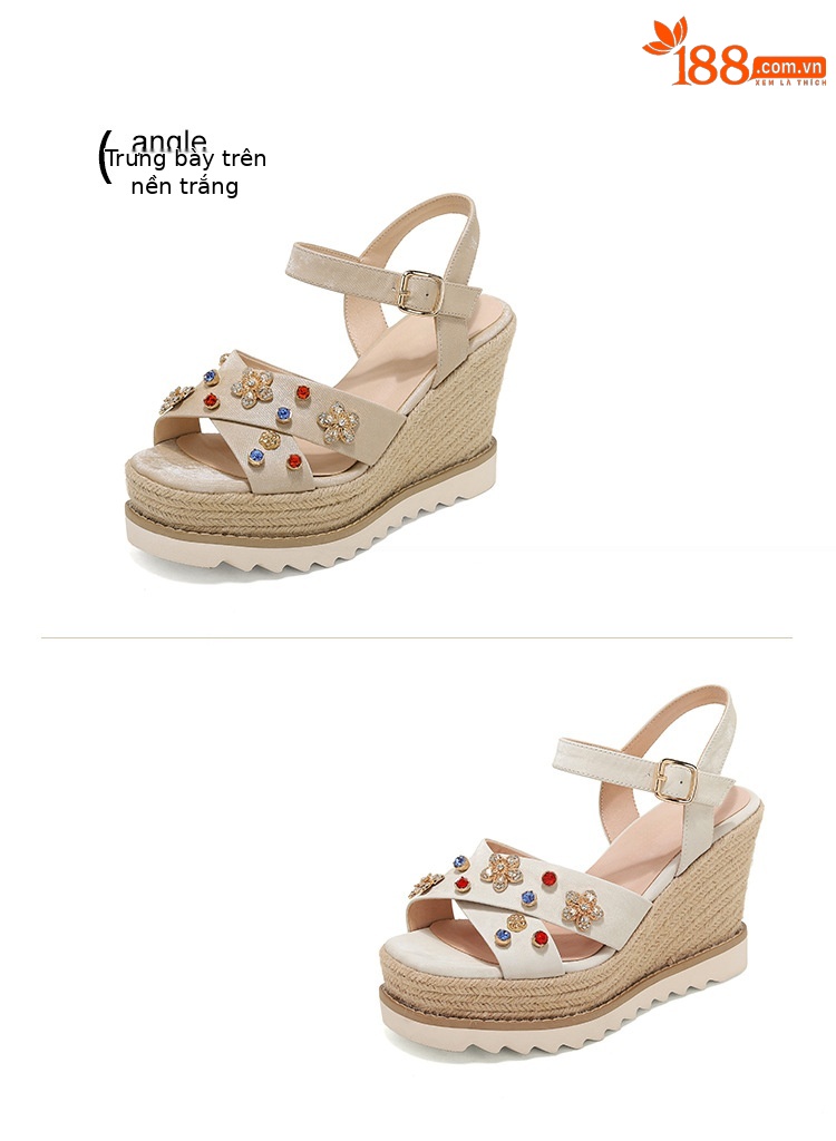 Sandal cao gót nữ đế xuồng đan rơm, mũi hở quai chéo đính hoa — Champagne màu, màu trắng ngà chi tiết 15