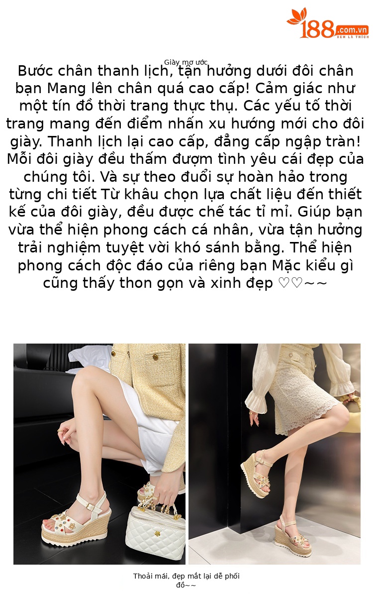 Sandal cao gót nữ đế xuồng đan rơm, mũi hở quai chéo đính hoa — Champagne màu, màu trắng ngà chi tiết 1