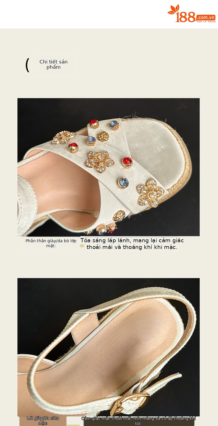 Sandal cao gót nữ đế xuồng đan rơm, mũi hở quai chéo đính hoa — Champagne màu, màu trắng ngà chi tiết 13
