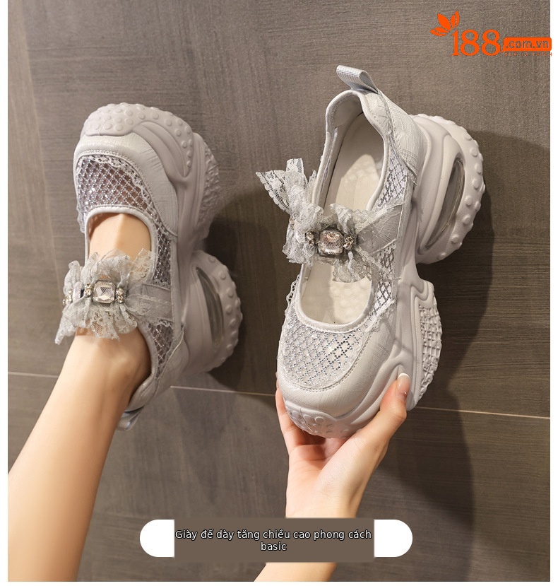 Giày sneaker nữ đế dày tăng chiều cao thoáng khí lưới thể thao — màu trắng chi tiết 1