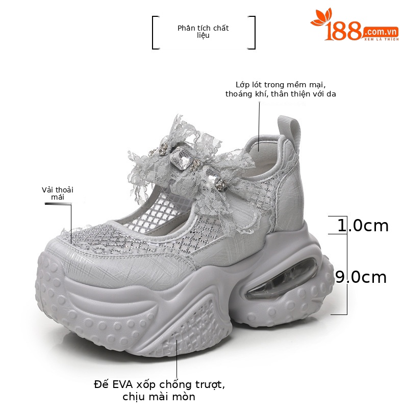 Giày sneaker nữ đế dày tăng chiều cao thoáng khí lưới thể thao — màu trắng chi tiết 3
