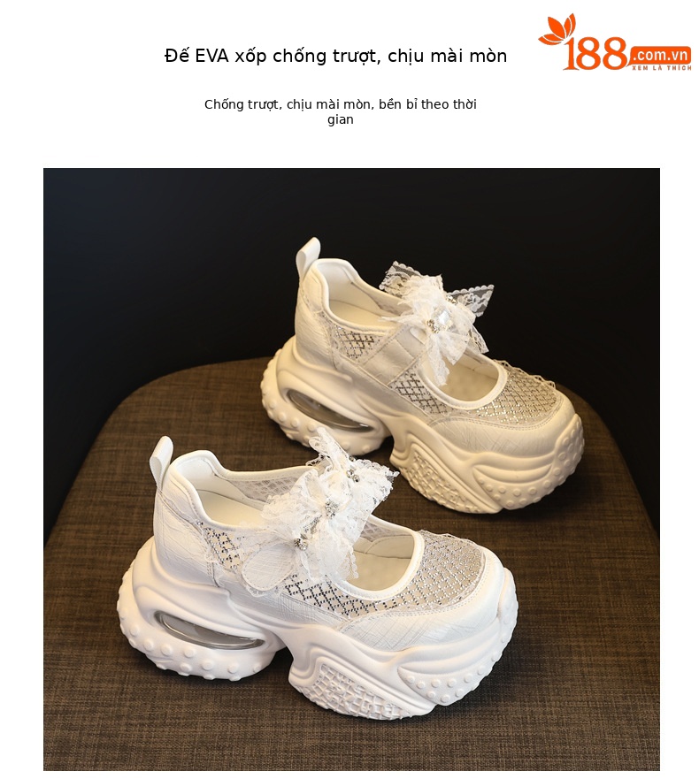 Giày sneaker nữ đế dày tăng chiều cao thoáng khí lưới thể thao — màu trắng chi tiết 10
