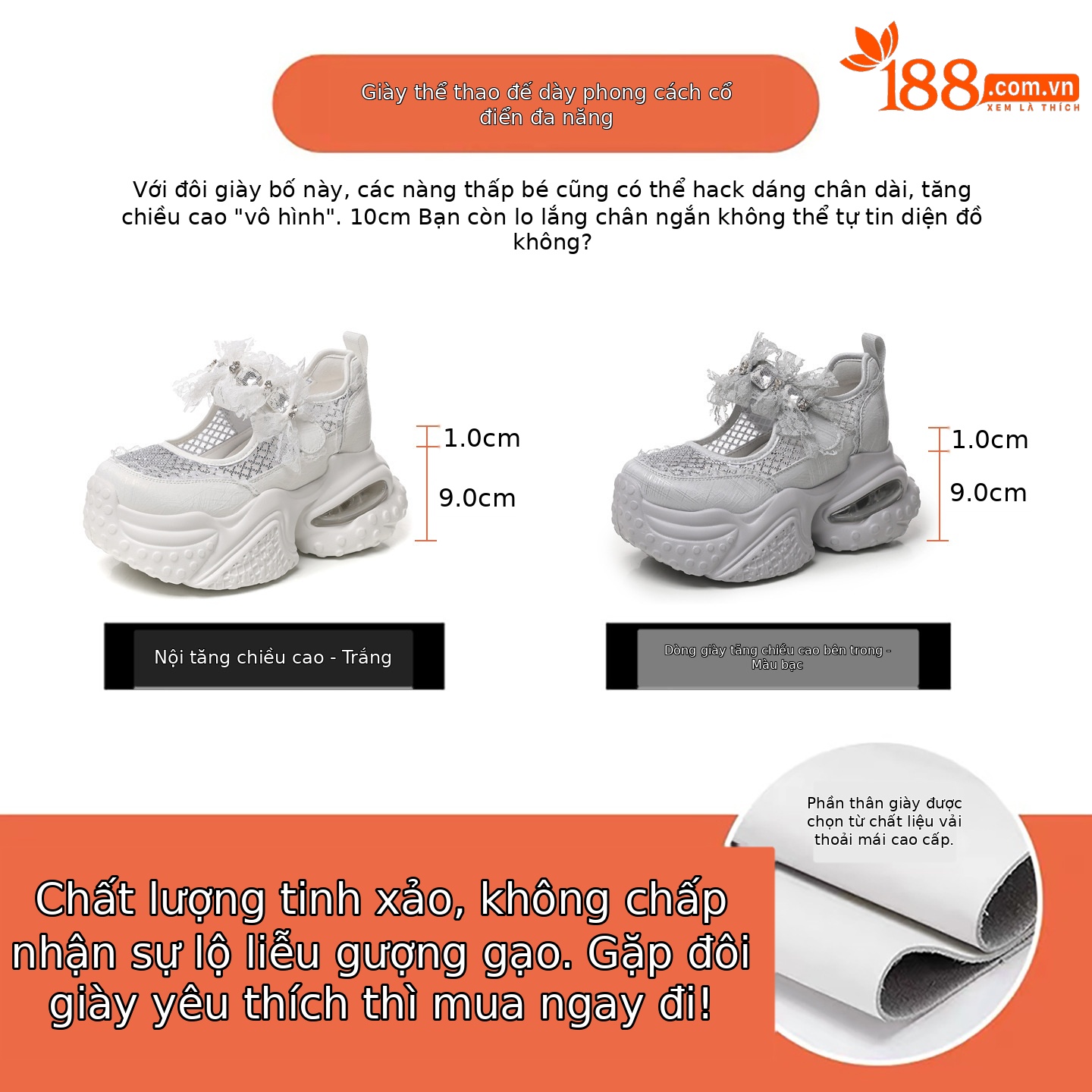 Giày sneaker nữ đế dày tăng chiều cao thoáng khí lưới thể thao — màu trắng