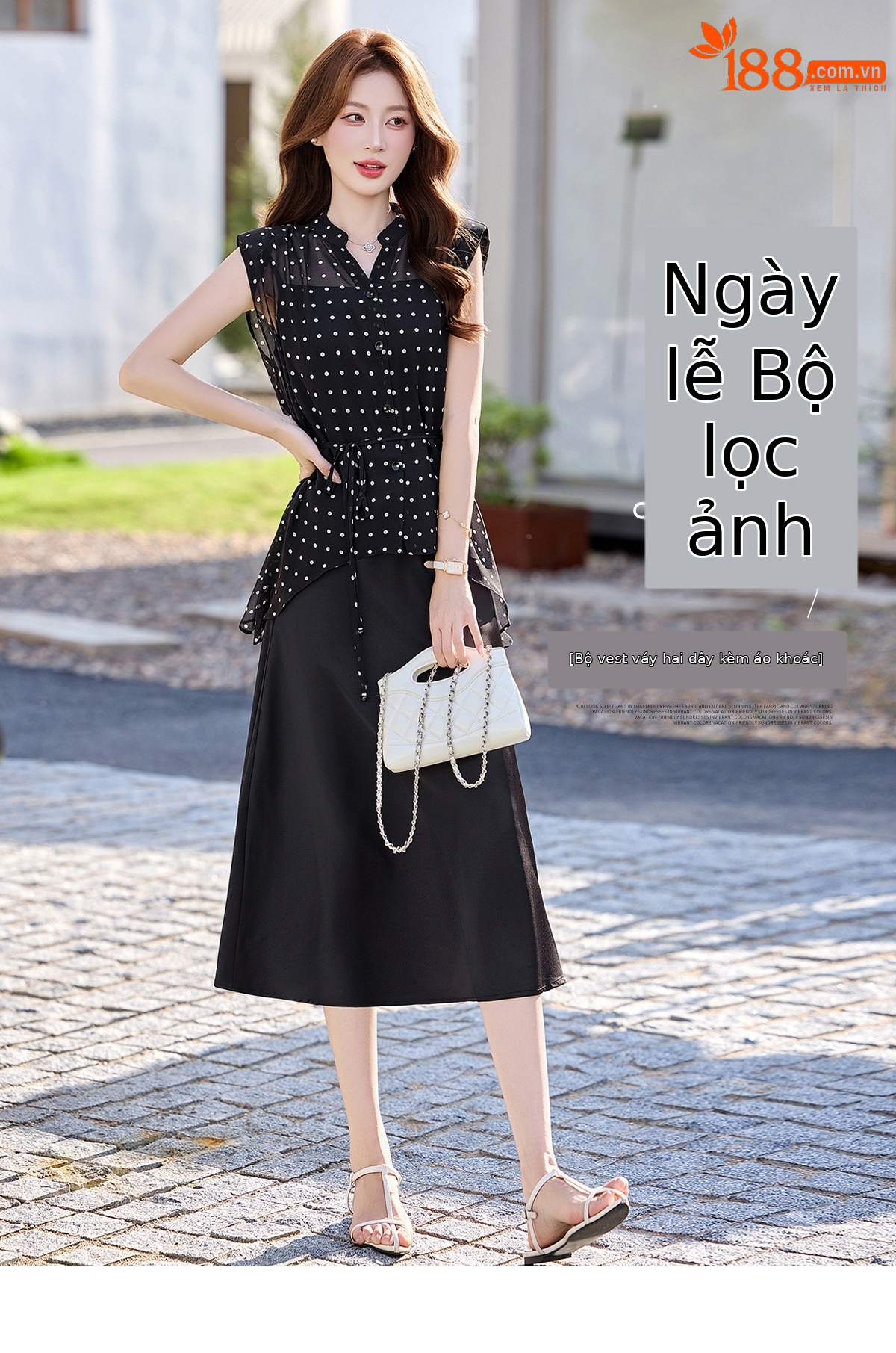 Đầm suông nữ midi hai dây 2026 mùa hè che khuyết điểm — màu đen, Điểm sóng, xanh lá cây chi tiết 1