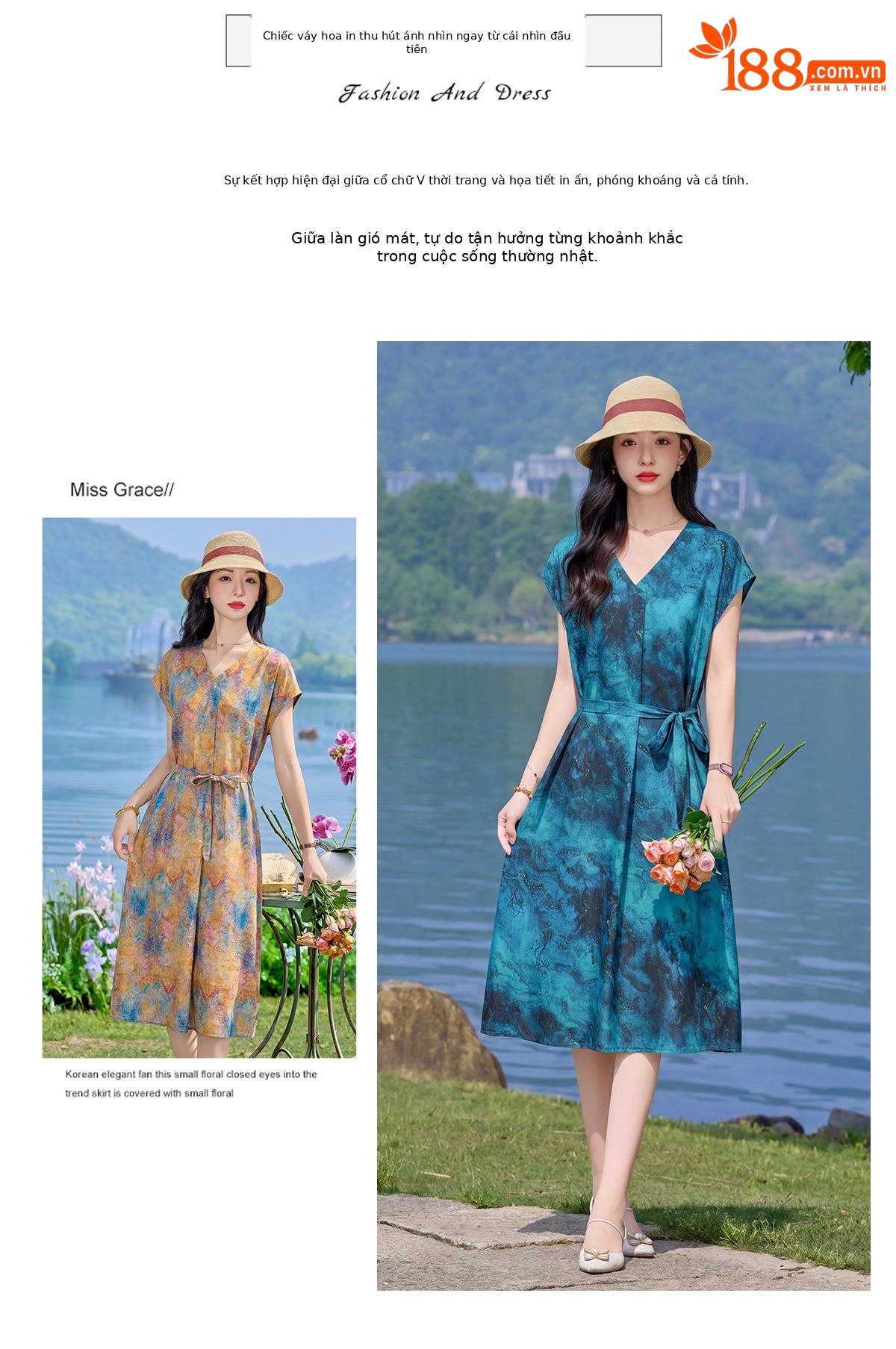 Đầm maxi nữ V cổ thắt eo họa tiết hoa nhí — xanh lam, màu vàng, màu đỏ chi tiết 2