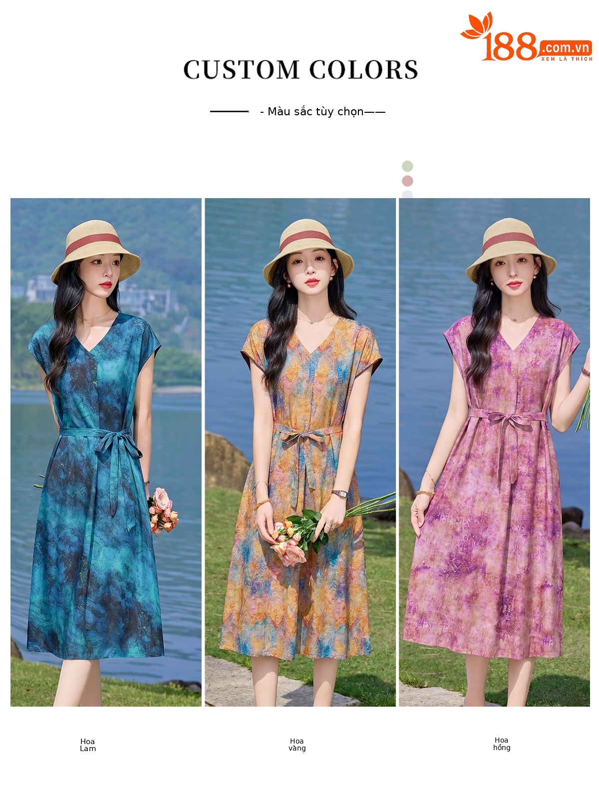 Đầm maxi nữ V cổ thắt eo họa tiết hoa nhí — xanh lam, màu vàng, màu đỏ chi tiết 3