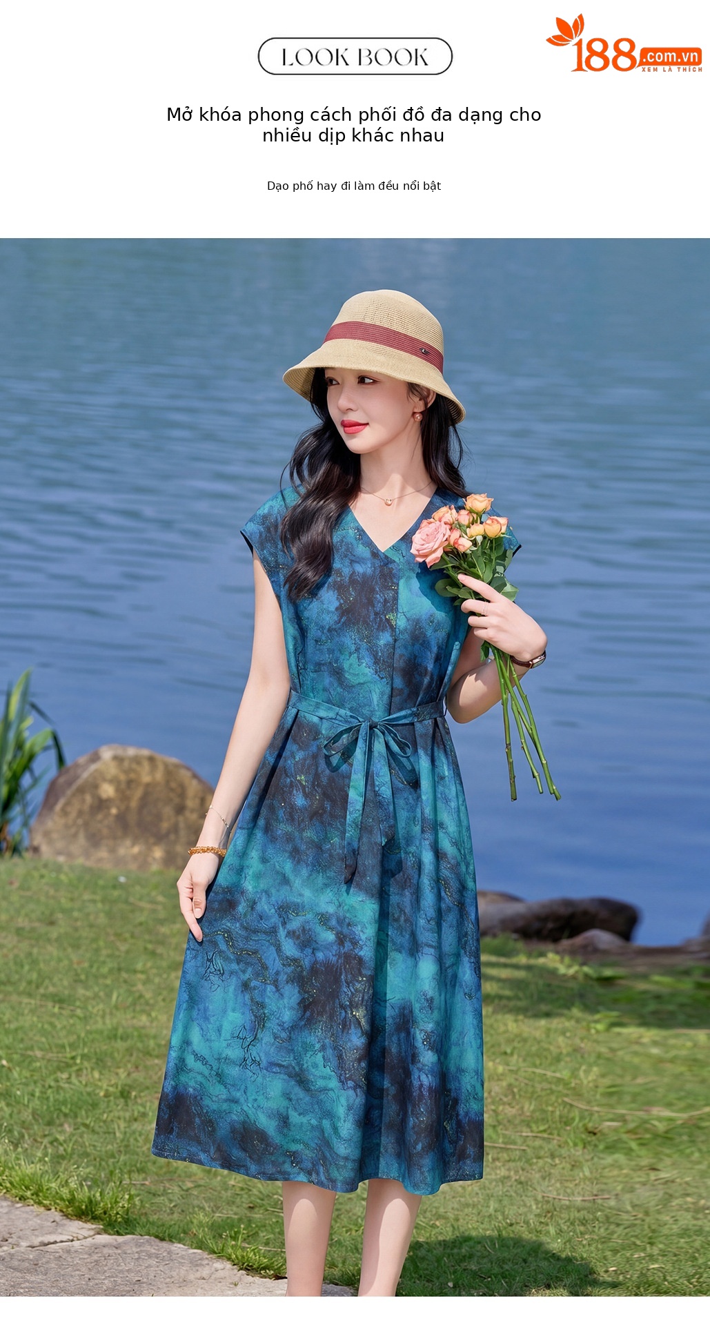 Đầm maxi nữ V cổ thắt eo họa tiết hoa nhí — xanh lam, màu vàng, màu đỏ chi tiết 4