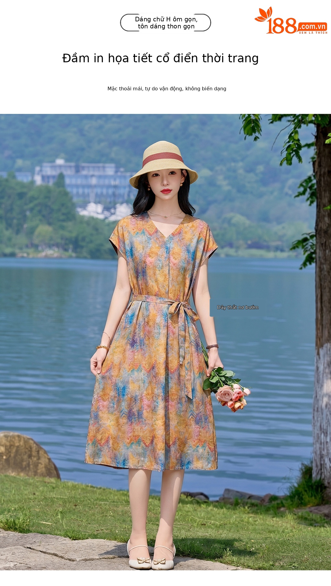 Đầm maxi nữ V cổ thắt eo họa tiết hoa nhí — xanh lam, màu vàng, màu đỏ chi tiết 5