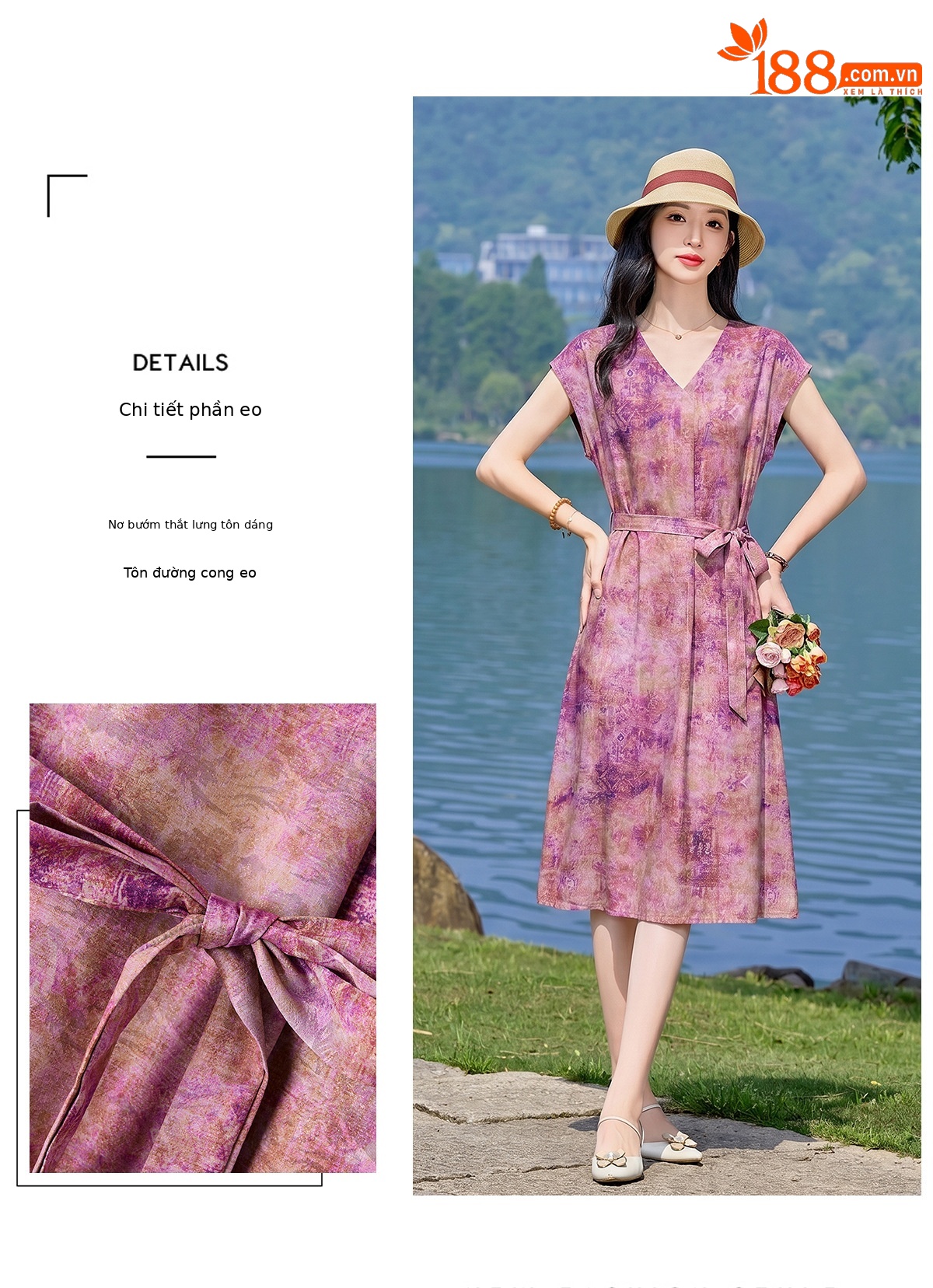 Đầm maxi nữ V cổ thắt eo họa tiết hoa nhí — xanh lam, màu vàng, màu đỏ chi tiết 7