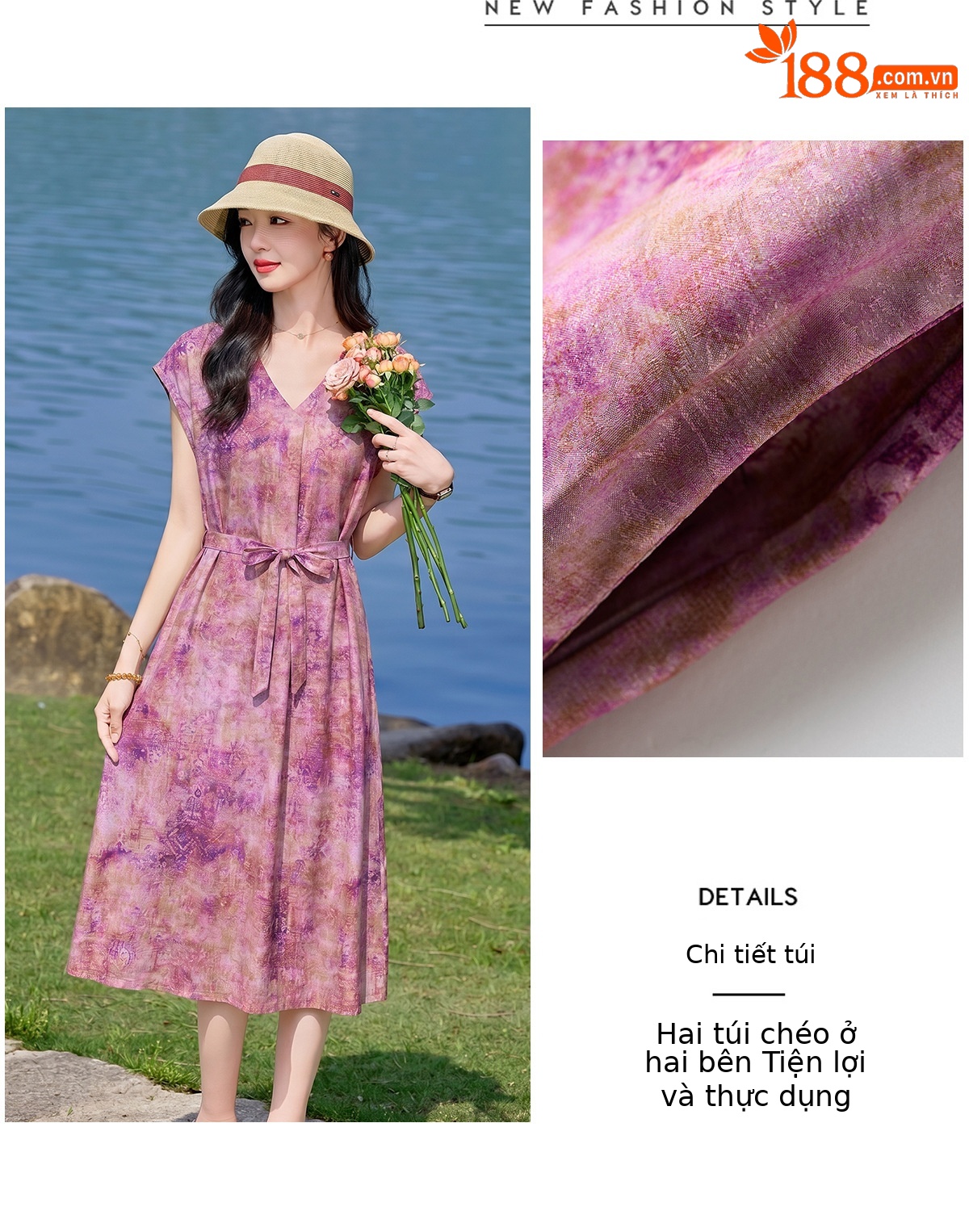 Đầm maxi nữ V cổ thắt eo họa tiết hoa nhí — xanh lam, màu vàng, màu đỏ chi tiết 8