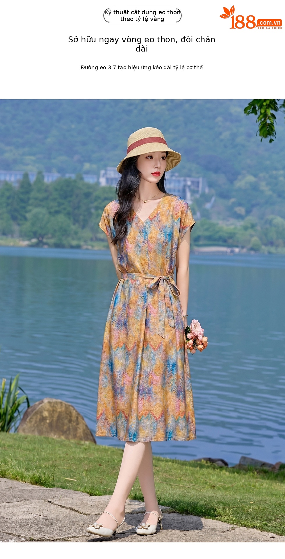 Đầm maxi nữ V cổ thắt eo họa tiết hoa nhí — xanh lam, màu vàng, màu đỏ chi tiết 9