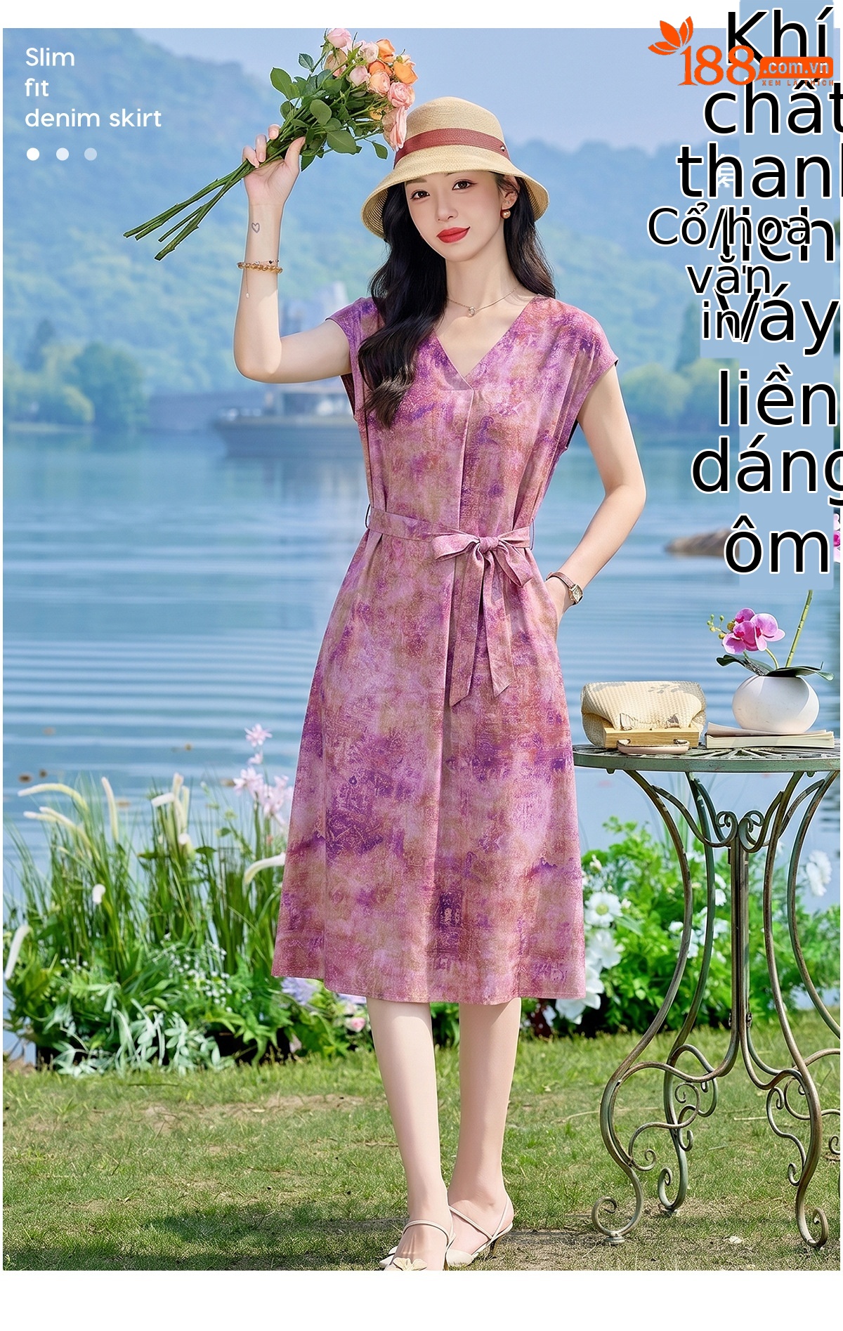 Đầm maxi nữ V cổ thắt eo họa tiết hoa nhí — xanh lam, màu vàng, màu đỏ chi tiết 1