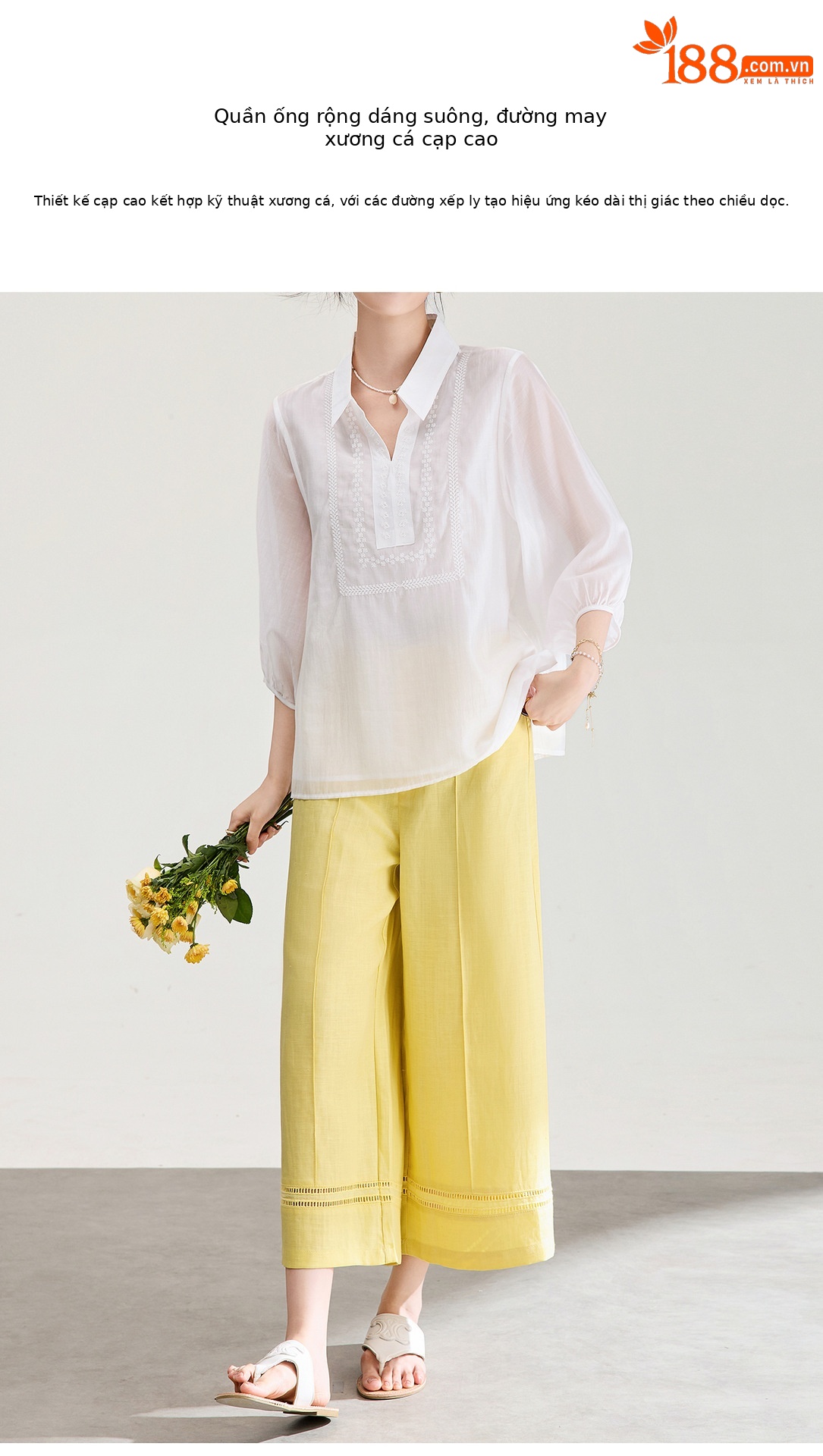Quần culottes nữ ống rộng dáng dài 9 phần, chất liệu sợi gai dầu mỏng nhẹ mùa hè — màu xanh navy chi tiết 5