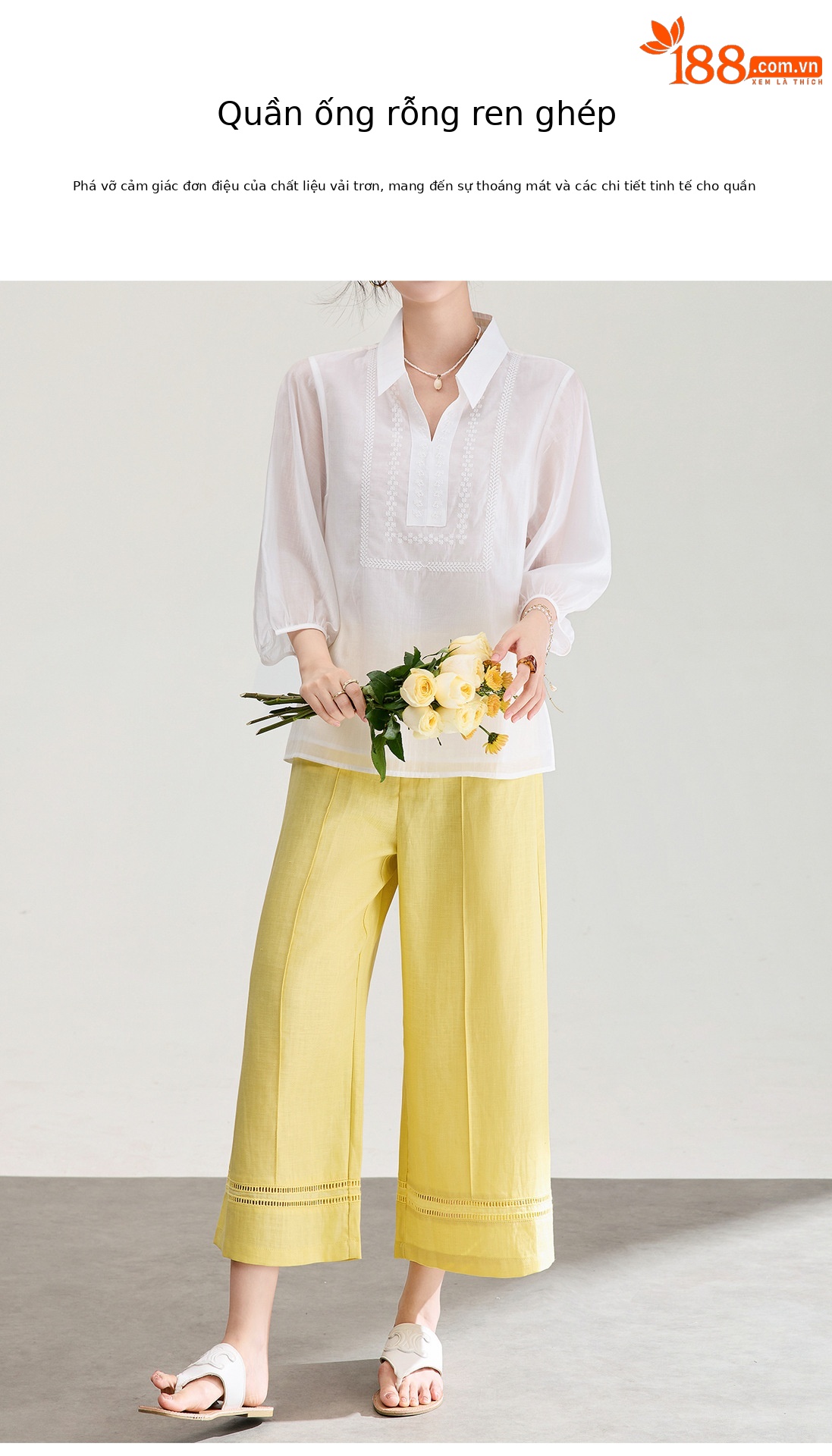 Quần culottes nữ ống rộng dáng dài 9 phần, chất liệu sợi gai dầu mỏng nhẹ mùa hè — màu xanh navy chi tiết 6