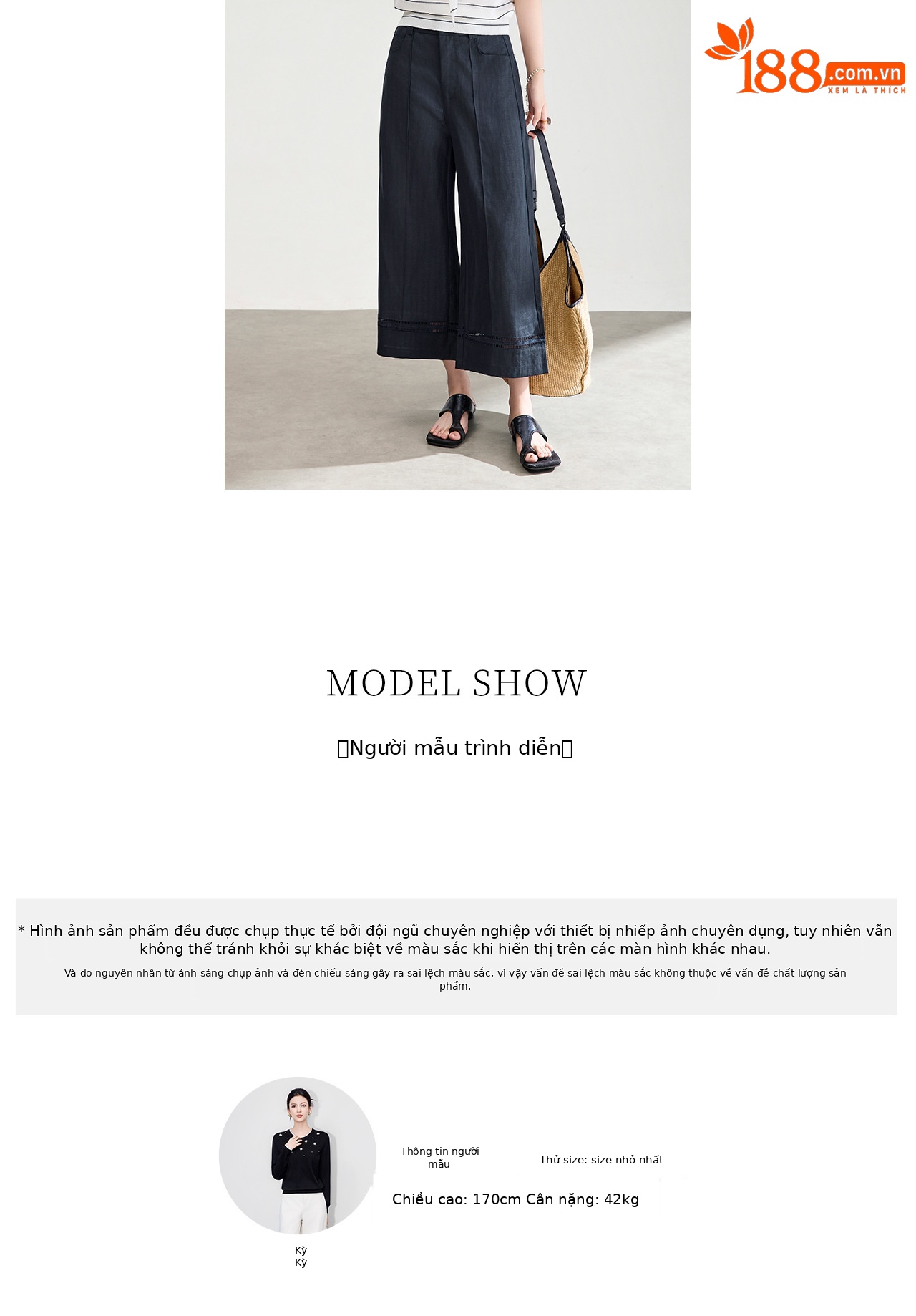 Quần culottes nữ ống rộng dáng dài 9 phần, chất liệu sợi gai dầu mỏng nhẹ mùa hè — màu xanh navy chi tiết 9