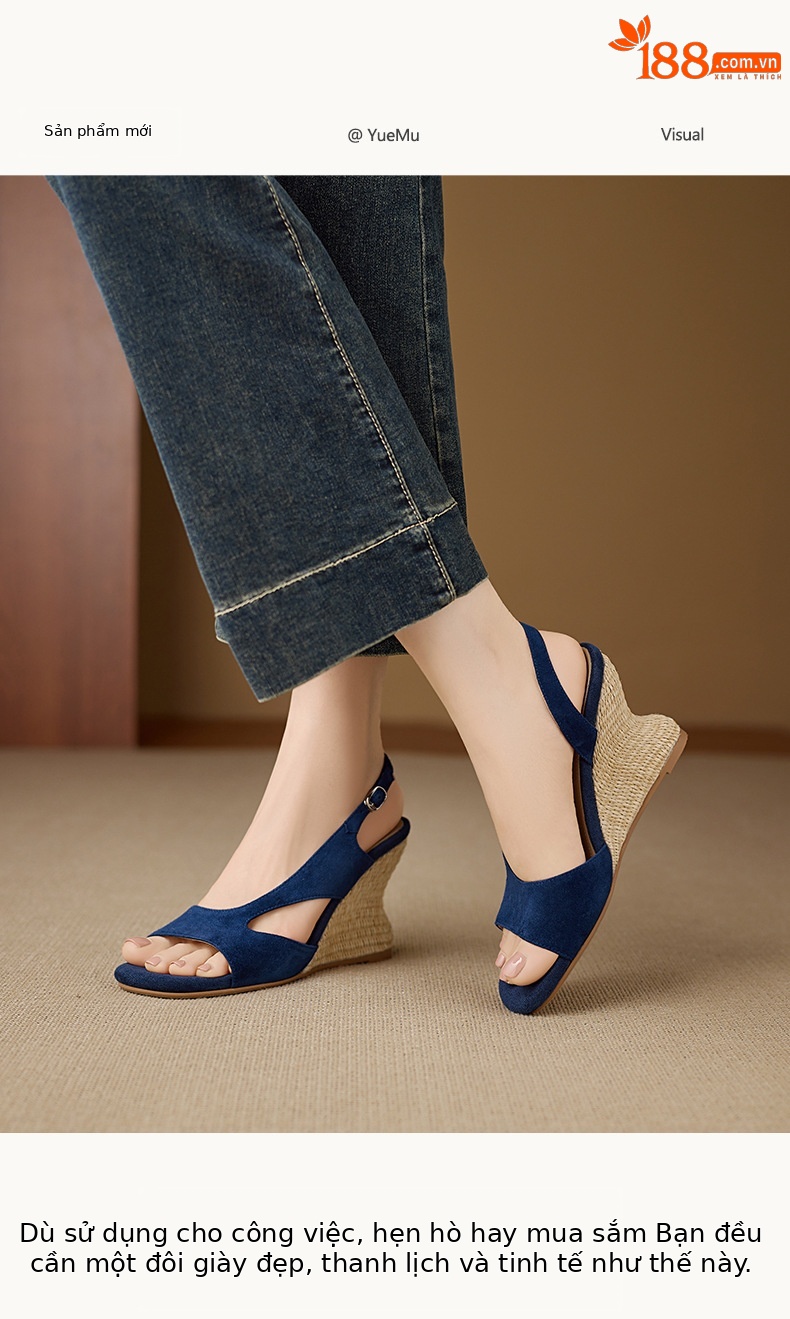 Sandal cao gót nữ mũi nhọn hở ngón, gót nêm đan rơm 8 cm, quai hậu buộc dây — xanh lam, màu mơ chi tiết 1