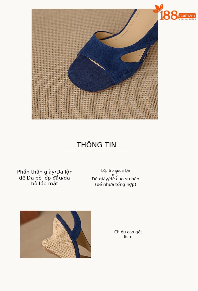Sandal cao gót nữ mũi nhọn hở ngón, gót nêm đan rơm 8 cm, quai hậu buộc dây — xanh lam, màu mơ chi tiết 2