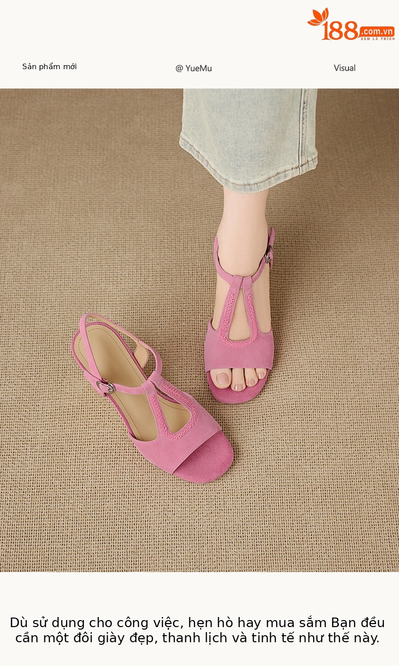 Sandal cao gót nữ hở mũi đế xuồng đan rơm, quai chữ T da lộn — Hồng, màu mơ chi tiết 1